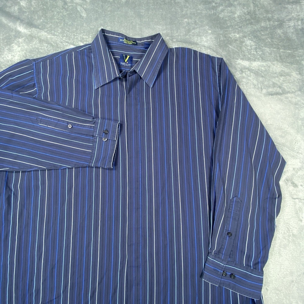Vintage Van Heusen Polo Shirt Mens 2XL 18-18.5 Blue Striped Dress Long Sleeve
